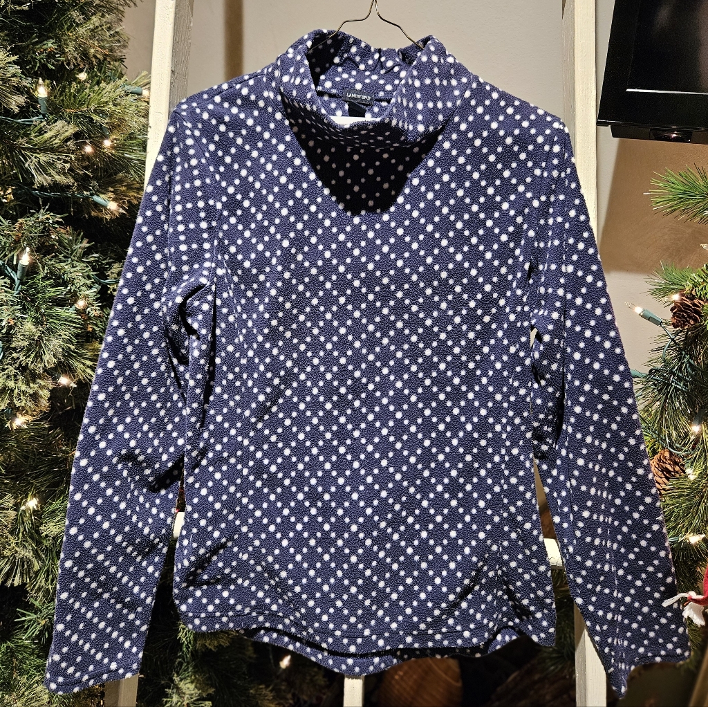 Lands End Navy White Polka Dot Soft Fleece Mock Turtleneck Long Sleeve Top Small